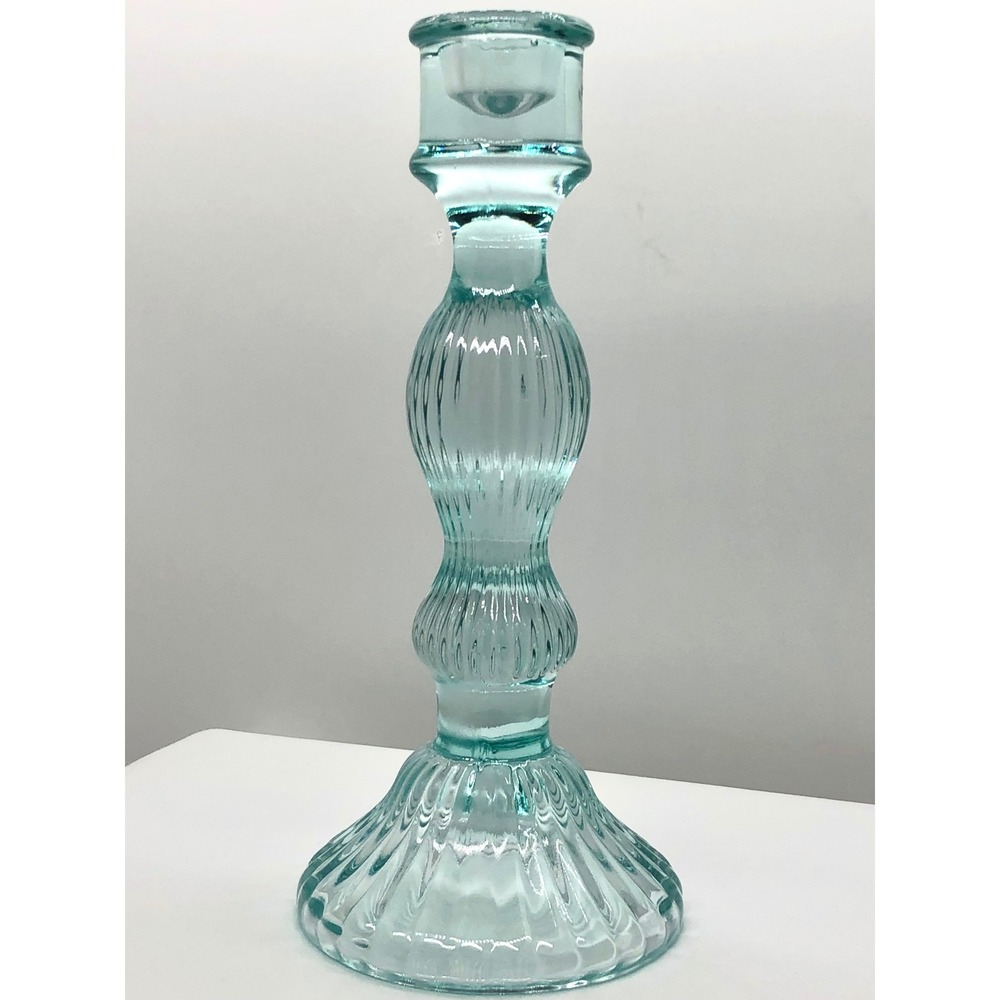 Aqua Blue Ribbed Glass Taper Candlestick Holder Vintage Style 9.75 Inch Coastal - Picture 4 of 10